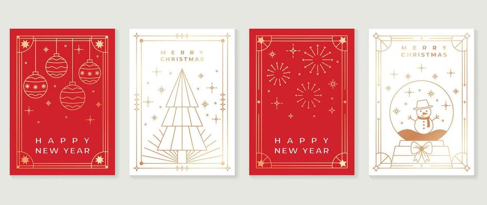 Luxury christmas invitation card art deco design vector. Christmas tree, bauble ball, firework, snowman line art on white and red background. Design illustration for cover, poster, wallpaper.
