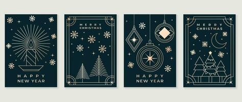 Luxury christmas invitation card art deco design vector. Christmas tree, bauble ball, candle, snowflake, moon line art on dark blue background. Design illustration for cover, poster, wallpaper. vector