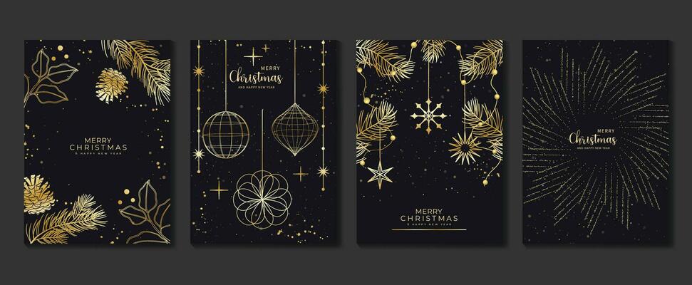 Luxury christmas invitation card art deco design vector. Christmas bauble ball, foliage, snowflake, twinkling star on dark background. Design illustration for cover, print, poster, wallpaper.
