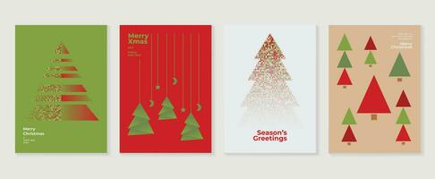 Set of happy new year and merry christmas concept background. Elements of geometric shape, christmas tree, moon, star, halftone texture. Art design for card, poster, cover, banner, decoration. vector