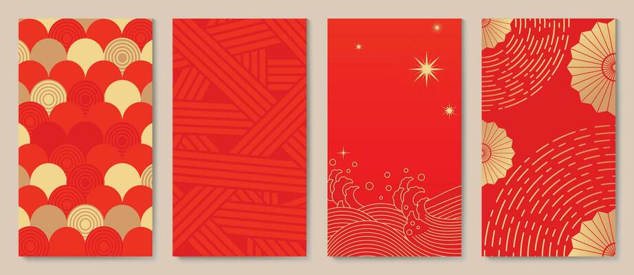 Happy Chinese New Year cover background vector. Year of the dragon design with chinese pattern, cherry blossom flower, sea wave. Elegant oriental illustration for cover, banner, website, calendar.