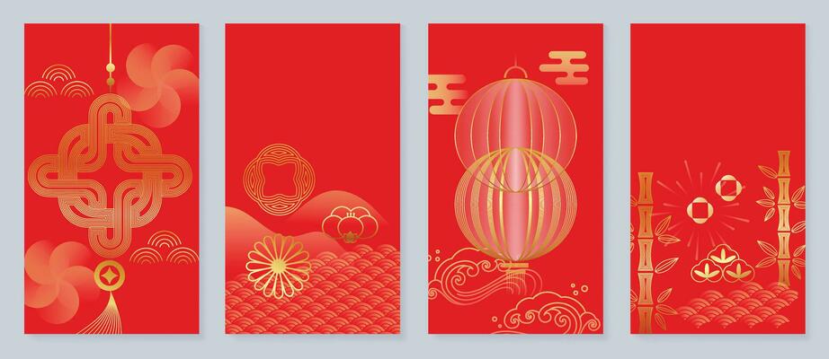 Happy Chinese New Year cover background vector. Year of the dragon design with chinese lantern, sea wave, flower, bamboo, pattern. Elegant oriental illustration for cover, banner, website, calendar.