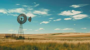 AI generated grasslands prairies landscape windmill photo