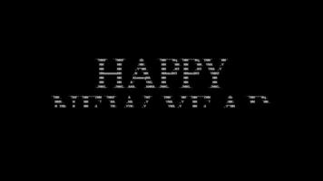 glücklich Neu Jahr ASCII Animation auf schwarz Hintergrund. ASCII Kunst Code Symbole mit leuchtenden und glänzend funkelt bewirken Hintergrund. attraktiv Beachtung Werbeaktion. video