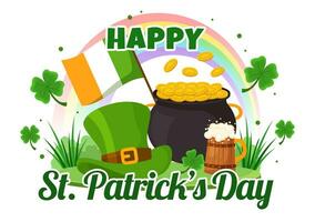 Happy St Patrick's Day Vector Illustration on 17 March with Golden Coins, Green Hat, Beer Pub and Shamrock in Flat Cartoon Background Design