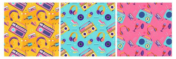 Set of Radio Seamless Pattern Illustration Design with Player for Record and Listening to Music in Flat Cartoon Template vector