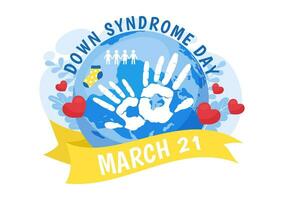 World Down Syndrome Day Vector Illustration on March 21 with Blue and Yellow Ribbon, Earth Map, Unpaired Socks and Kids in Flat Cartoon Background