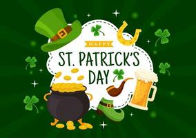 contento S t patrick's día vector ilustración en 17 marzo con dorado monedas, verde sombrero, cerveza pub y trébol en plano dibujos animados antecedentes diseño