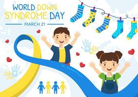 mundo abajo síndrome día vector ilustración en marzo 21 con azul y amarillo cinta, tierra mapa, desemparejado calcetines y niños en plano dibujos animados antecedentes