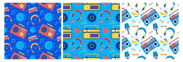 Set of Radio Seamless Pattern Illustration Design with Player for Record and Listening to Music in Flat Cartoon Template vector