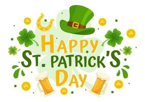 Happy St Patrick's Day Vector Illustration on 17 March with Golden Coins, Green Hat, Beer Pub and Shamrock in Flat Cartoon Background Design