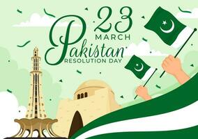 contento Pakistán resolución día vector ilustración en 23 marzo con ondulación bandera y puntos de referencia en nacional fiesta plano dibujos animados antecedentes diseño