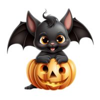 ai generato cartone animato pipistrello seduta su un' zucca con un' pipistrello su suo indietro png