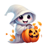 ai generado contento Víspera de Todos los Santos fantasma linda fantasma con calabaza escalofriante temporada Víspera de Todos los Santos abucheo dibujos animados png