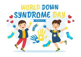 World Down Syndrome Day Vector Illustration on March 21 with Blue and Yellow Ribbon, Earth Map, Unpaired Socks and Kids in Flat Cartoon Background