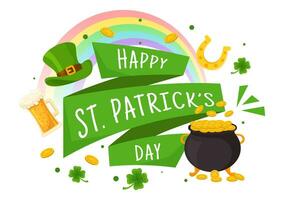 contento S t patrick's día vector ilustración en 17 marzo con dorado monedas, verde sombrero, cerveza pub y trébol en plano dibujos animados antecedentes diseño