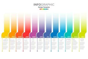 Full year time line template with all the colored months of the rainbow on a neatly arranged horizontal time layout, month names, icons and short descriptions on a white background. Info graphic vector