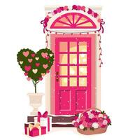 A red entrance door with a festive decoration for Valentine's Day. A front door with a heart-shaped tree, gifts and a basket of roses. Illustrated vector clipart.