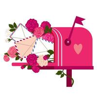 A mailbox with letters and roses for Valentine's Day. Vintage pink mailbox with flowers and valentines. Illustrated vector clipart.