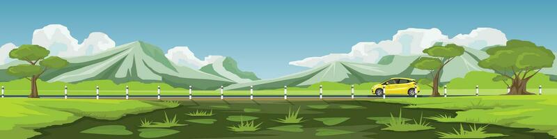 Travels of hatchback car with driving for banner. Asphalt road  has boundary posts and near the vast meadows and swamps with mountain under blue sky and white clouds. Copy Space Flat Vector. vector