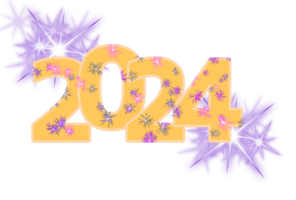 Happy New Year 2024 Banner Background Design on transparent Background, with carved fireworks and shining stars png