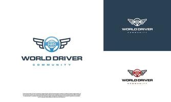 Driver world logo, steering combine with earth, good for driver community logo vector