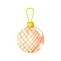 Christmas tree decoration pink glass ball hanging on golden ribbon. Vector. Watercolor Xmas ornaments illustration for decoration and design vector