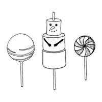 Christmas marshmallow snowman. Cake on a stick, cake pops in glaze with confectionery striped. Glossy candies on a stick, spiral lollipop, sugar caramel, striped bonbons. Graphics vector illustration