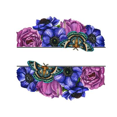 Vector illustration of flower composition, frame, pattern, bouquet for greeting card, background or flyer. Violet anemone, tulips and butterfly. March 8. International Women's Day. Mothers Day