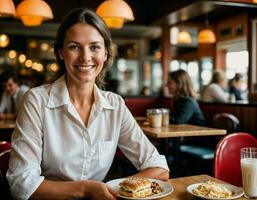 AI generated photo of beautiful woman as a waitress in retro dining restaurant, generative AI