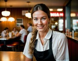 AI generated photo of beautiful woman as a waitress in retro dining restaurant, generative AI