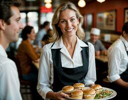 AI generated photo of beautiful woman as a waitress serving food in retro dining restaurant, generative AI