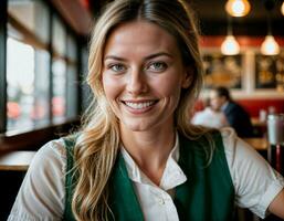 AI generated photo of beautiful woman as a waitress in retro dining restaurant, generative AI