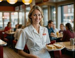 AI generated photo of beautiful woman as a waitress serving food in retro dining restaurant, generative AI