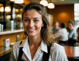 AI generated photo of beautiful woman as a waitress in retro dining restaurant, generative AI