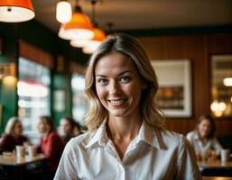 ai generado foto de hermosa mujer como un camarera en retro comida restaurante, generativo ai