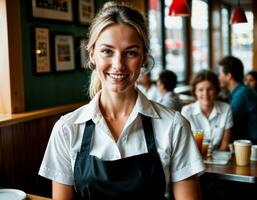 AI generated photo of beautiful woman as a waitress in retro dining restaurant, generative AI