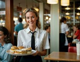 AI generated photo of beautiful woman as a waitress serving food in retro dining restaurant, generative AI