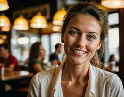 ai generado foto de hermosa mujer como un camarera en retro comida restaurante, generativo ai