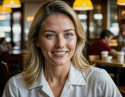 AI generated photo of beautiful woman as a waitress in retro dining restaurant, generative AI