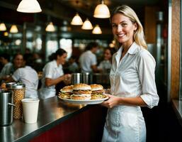 AI generated photo of beautiful woman as a waitress serving food in retro dining restaurant, generative AI