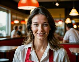 AI generated photo of beautiful woman as a waitress in retro dining restaurant, generative AI