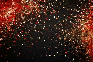 AI generated Abstract festive red and black background with golden confetti with copy space for text. photo