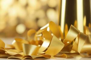 AI generated Abstract festive golden background with confetti and a ribbon photo