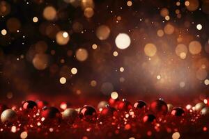 AI generated Abstract festive red bokeh background with christmas tree toy balls and copy space for text. photo