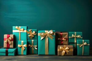 AI generated many golden and green gift boxes with a bow on wooden background photo