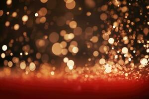 AI generated Abstract festive red bokeh background of defocused golden sparkle confetti photo