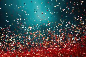 AI generated Abstract festive blue and red bokeh background of defocused golden sparkle splash of confetti photo
