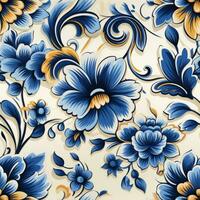 AI generated Traditional blue and yellow floral design Sicilian tile created with generative AI technology photo