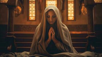 AI generated Young Woman Praying and Worshiping in a Church photo